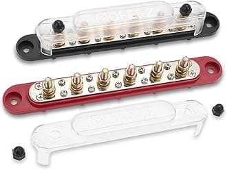 MOFEEZ Power Distribution Block Bus Bar, 6 x 5/16" Posts, 10 x #8 Screws Terminals, Max 48V 250A (Pair, Red & Black)