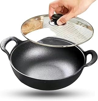 HomeEssentials Cast Iron Kadai with Glass Lid | Pre Seasoned Iron Wok with Handles and Flat Base | Iron Wok for Cooking | Uncoated Kadai for Electric Induction (25cm) Black