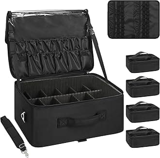 Relavel Extra Large Makeup Case Professional Cosmetic Storage Organizer Box Brush Holder with 4 Clear Set Bags & Lipstick Plate for Makeup Artists, Black, XL, Extra Large Makeup Case with 4 Pcs Clear