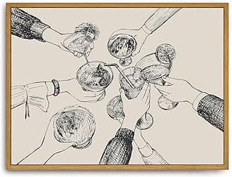 Framed Canvas Wall Art Vintage Print Paintings Cheers Sign Friends Clinking Drinks Glasses Cocktails Retro Aesthetic Artwork for Home Living Room Bar Cart Kitchen Wall Decor (12"x16")