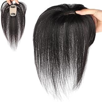 Fake Bangs,Hair Topper Real Human Hair 9.8 Inch Long Human Hair Toppers for Thin Hair Women Silk Base Clip In Hair Extensions Natural Looking for Daily Use,Black