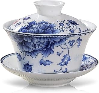 fanquare Gaiwan Chinese Cover Bowl 7.44oz Rich Noble Peony Style Porcelain Gongfu Tea Cup with Saucer and Lid Blue and White Tea Service for Home Décor