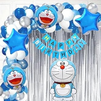 Party town Doremon theme decoration combo for boys and girls theme birthday party with Metallic balloons | Minion foil balloons | Star foil | Balloon arc | Glue dots - (Pack of 70) (Doremon)