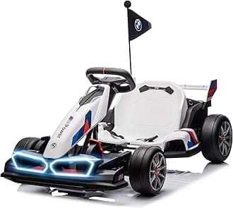 24V 9AH Licensed BMW Electric Go Kart, 7.5 MPH Drift Kart with 400W Motor, Outdoor Driftable Kids Race Pedal Go Karting Car w/Adjustable Seat, Lights, for 6 Years Old, White