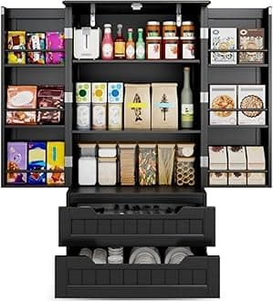 Gizoon 63" Kitchen Pantry Storage Cabinet with Drawers Freestanding Bathroom Storage Cabinets with Doors and Shelves, Small Food Pantry Cabinet for Dining Room Craft Room, Black