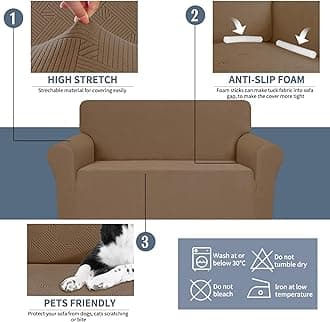 JIVINER Loveseat Slipcovers, 1 Piece Stretch Couch Covers for 2 Cushion Furniture Protector with Elastic Bottom for Kids Pets Jacquard 2 Seater Sofa Cover (Loveseat, Brown)
