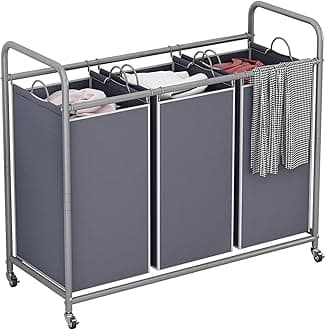 3-Bag Laundry Sorter,Laundry Hamper Cart with Heavy Duty Rolling Lockable Wheels and Removable Bags (Grey)