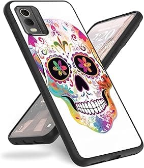 Case for Nokia C32 Phone Case 6.5",Slim Anti-Scratch Shockproof Durable Black Silicone Protective Cover Case for Nokia C32 2023,Elegant Skulls Flower