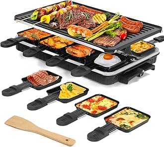 Raclette Table Grill, Indoor Grill Korean BBQ Grill Electric Griddle, 2 in 1 Electric Griddle Nonstick with 8 Raclette Cheese Pans Adjustable Temperature Control 1300W Ideal for Family Party Fun