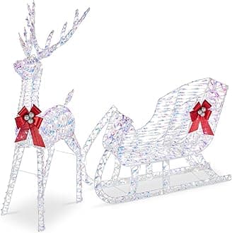 Lighted Christmas 4ft Reindeer & Sleigh Holiday Outdoor Yard Decoration Set w/ 205 LED Lights, Stakes, Zip Ties - Iridescent