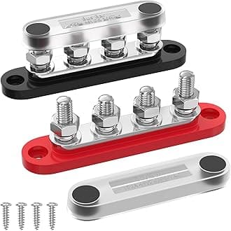 DaierTek - Bus Bar 12V 150A Mini Power Distribution Block, Max 48V, DC/300V, AC with Cover, 4 x 5/16" Poles, for Marine Automotive Solar Systems,