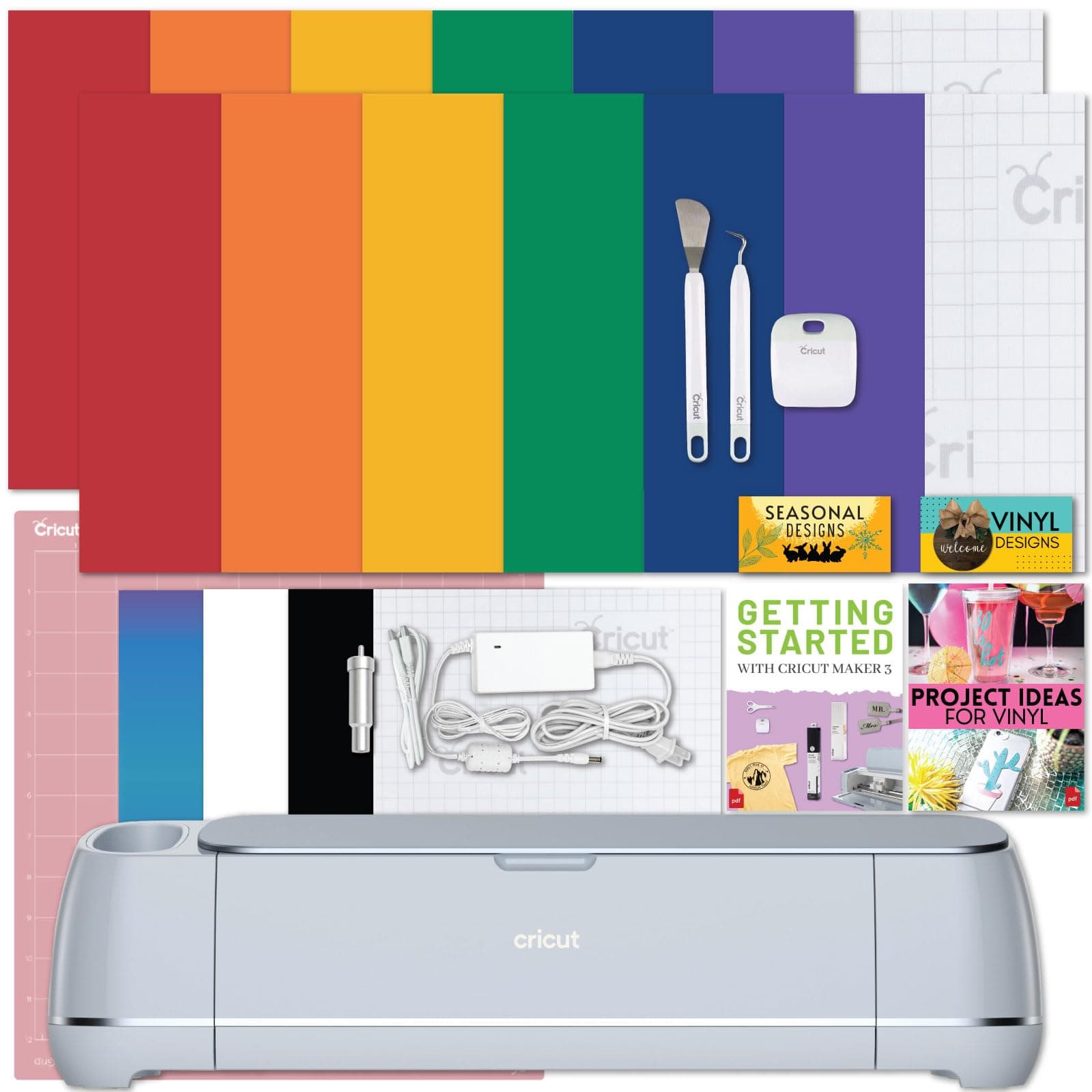 Maker 3 Cutting Machine with Rainbow Vinyl Bundle - Electronic Craft Die-Cutting Machine with Variety Vinyl, Transfer Tape and Weeding Tools, Beginner Kit, Bluetooth Connectivity
