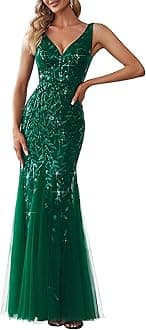 Women's Sequin Formal Dress Double V-Neck Sleeveless Mermaid Long Evening Prom Dresses 07886