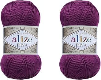 Alize Diva Hand Knitting Yarn - 100% Microfiber Acrylic With Silk Effect - Crochet Art Lace Craft - 2 Skeins, 200gr, 767 Yds (297-Plum)