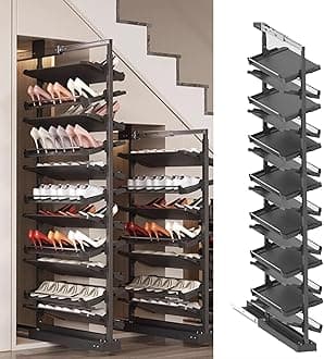 Pull-Out Shoe Rack Organizer for Closet Shoe Cabinet,Adjustable Height Retractable Metal Stackable Shoe Rack, Vertical Shelf Organizer for Small Bedroom Closet, Space Saving Storage, Black(50cm,15 Tie