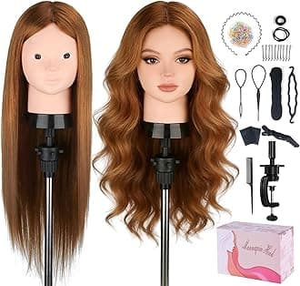 Beauty Star Mannequin Head with 80% Real Human Hair, Manikin Doll Head for Hair Styling, Cosmetology Makeup Hairdressing Training Practice Head with Clamp Stand and DIY Hair Styling Braiding Set