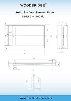 WOODBRIDGE 60"L x 34" W x 4"H Shower Base,Left Drain,Non-Slip Single Threshold Shower Pan, Solid Surface with Brushed Gold Linear Drain Cover
