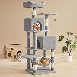 Feandrea Cat Tree, 61-Inch Cat Tower for Indoor Cats, Plush Multi-Level Cat Condo with 5 Scratching Posts, 2 Perches, 2 Caves, Hammock, 2 Pompoms, Light Gray UPCT192W01