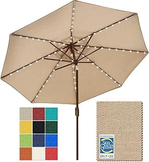 USA 10-Year-Non-Fading Solar 9ft Market Umbrella with 80 LED Lights Patio Umbrellas Outdoor Table Umbrella with Ventilation, Heather Beige