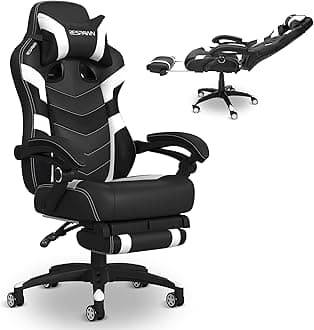 110 Pro Ergonomic Gaming Chair with Footrest for Adults - Comfortable Office Gaming Recliner with Lumbar Support and Headrest, Racing Style Video Game Chairs for Computer Gamer - White