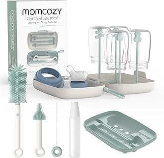 Momcozy Bottle Brush Set - Baby Bottle Cleaner Kit with Silicone Brush, Brush, Straw Brush, Soap Dispenser, Drying Rack - 7 in 1 Bottle Cleaning Tool for Home and Travel, Green