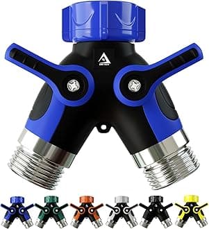 DBR Tech® Hose Splitter 2 Way, Heavy Duty Metal Connector, Two Way Garden Hose Splitter, High Flow Spigot Faucet Bib Adapter, Solid Double Y Shut Off Valve for Outdoor Gardening Hoses, Blue