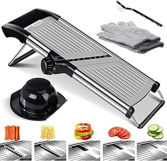 Mandoline Slicer for Kitchen, Adjustable Mandoline Vegetable Slicer with Stainless Steel Blade, Kitchen Food Julienne Cutter with Cleaning Brush, Cut Resistant Gloves