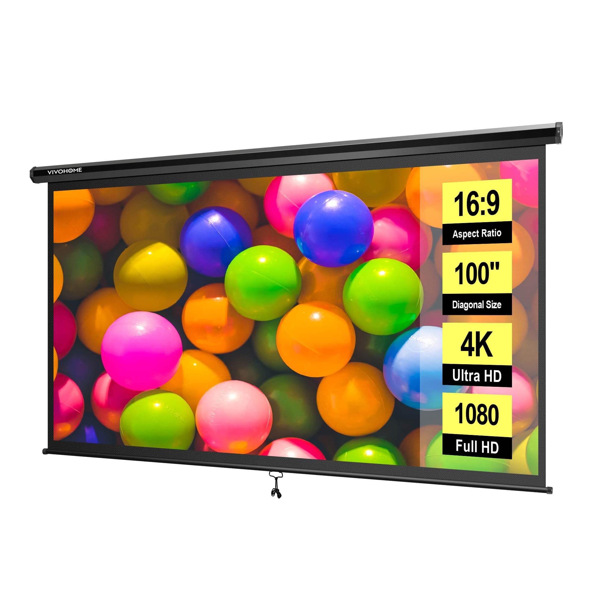 VIVOHOME 100 Inch 16:9 Pull Down Projector Screen, HD 4K Retractable Movie Screen for Indoor Home Theater and Office, Manual Projection Screen with Auto Locking (87W x 49H Inch Display Area)