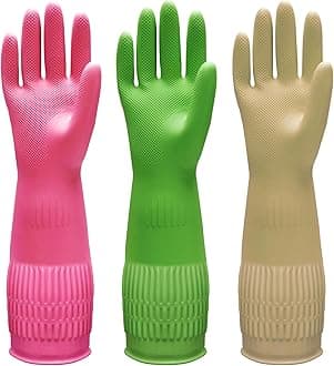 Bamllum 3 Pairs of Rubber Dishwashing Gloves for Kitchen and Household Cleaning – Long Cuff 15", Reusable, Flexible Long-lasting and Non-Slip (Red+Yellow+Green, Medium)