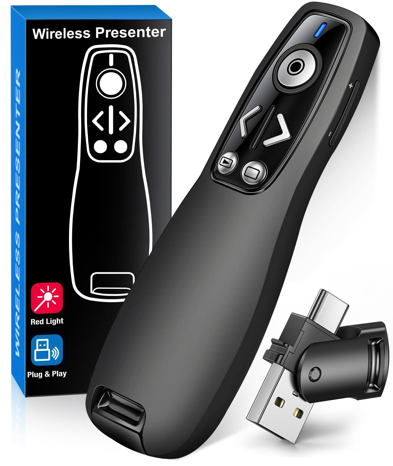 2-in-1 USB Type C Presentation Clicker Wireless Presenter Remote for PowerPoint, Powerpoint Clicker with Hyperlink & Volume Control PowerPoint Slide Advancer for Mac, Computer, Laptop