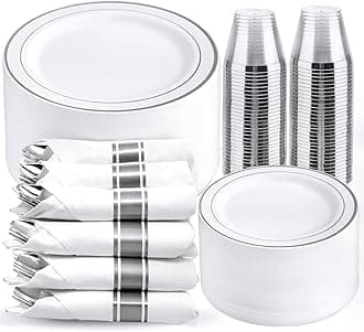 WELLIFE 350Pcs Silver Plastic Plates for 50 Guests - Disposable Dinnerware Set, Party Supplies Includes 100 Silver plates,150 Silverware,50 Napkins,50 Cups, Plastic Plates for Party and Wedding