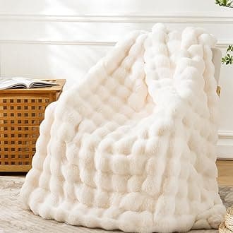 Faux Fur Throw Blanket for Couch, Soft Cozy Fluffy Plush Thick Bubble Blanket for Bed Living Room, Mothers Day Decor Gifts for Women, 63x80 Inches Cream White