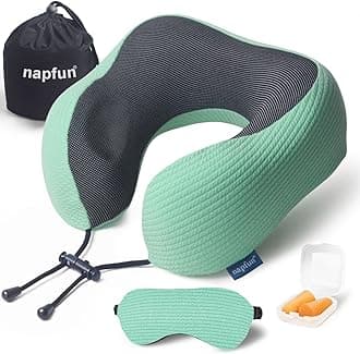 napfun Neck Pillow for Traveling, Upgraded Travel Neck Pillow for Airplane 100% Pure Memory Foam Travel Pillow for Flight Headrest Sleep, Portable Plane Accessories, Turquoise Striped Kit