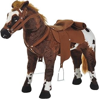 QabaSound-Making Ride On Horse for Toddlers 3-5, with Neighing and Galloping Sound, Stuffed Animal Horse Toy for Kids with Padding, Soft Feel, Brown