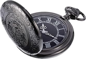 Quartz Pocket Watch for Men with Black Dial and Chain