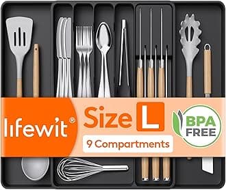 Lifewit Cutlery Drawer Organiser, Expandable Tray with Knives Holder for Kitchen Storage, Cutlery Organiser Insert for Spoons, Forks, Utensil, 1 Pack, Black