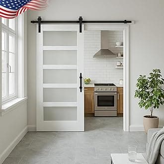 S&Z TOPHAND® 34 in x 84 in Glass Sliding MDF Barn Door with 6.6FT Sliding Door Hardware Kit, 5 Tempered Frosted Glass, Slab Inside Covered with Water-Proof PVC Surface, Simple DIY Assembly