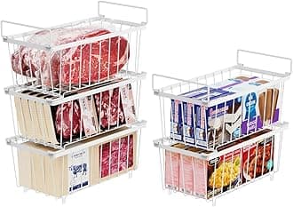 iSPECLE Chest Freezer Organiser - 5 Pack Stackable Freezer Baskets for 198L Deep Freezer Easily Sort and Get Frozen Food with Handles Freezer Organiser Storage Wire Baskets Add Extra Space, White