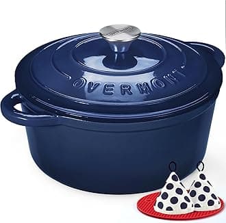Overmont Roasting Dish Enamel Cast Iron Pot - 26 cm Oven Safe - with Lid and Cookbook - for Kitchen Baking Braising Roasting