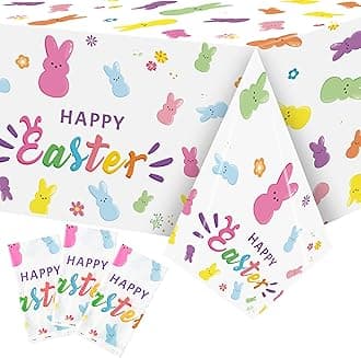 Easter Bunny Peeps Tablecloth - 3-Pack Happy Easter Tablecover Decoration Set Colorful Rabbits Plastic Disposable Rectangle Waterproof Table Covers Hello Spring Party Picnic Dinner Decor
