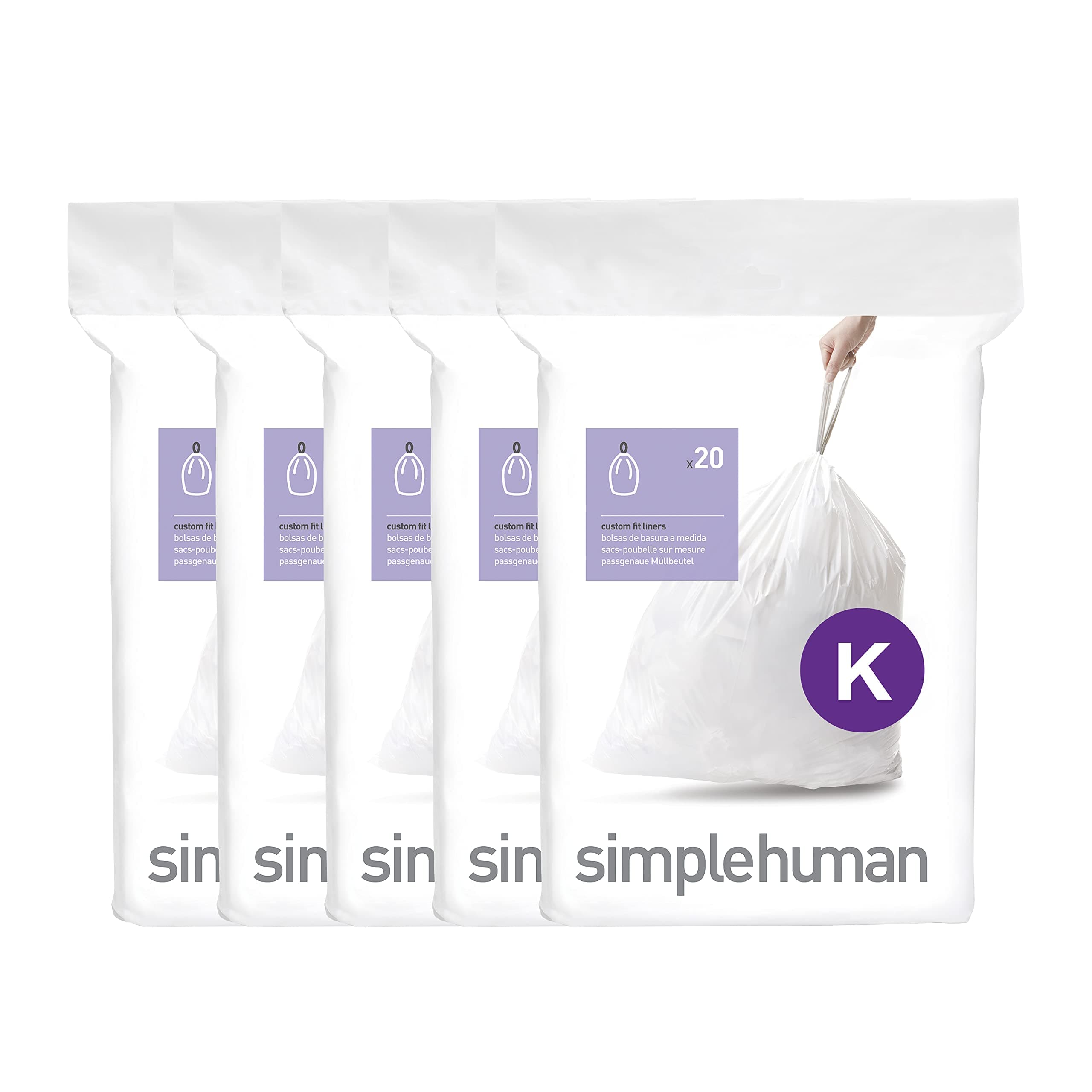 simplehuman Code K Custom Fit Drawstring Trash Bags, 35-45 Liter / 9-12 Gallon, White, 100 Count