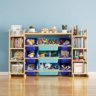 SpaceAid Large Toy Storage Organizer 9 Shelves 9 Bins, Toy Organizers Storage Bookshelf, Kids Bin Shelf Toys Box Bookcase for Bedroom Playroom Organization Room Decor, Blue and Navy Blue