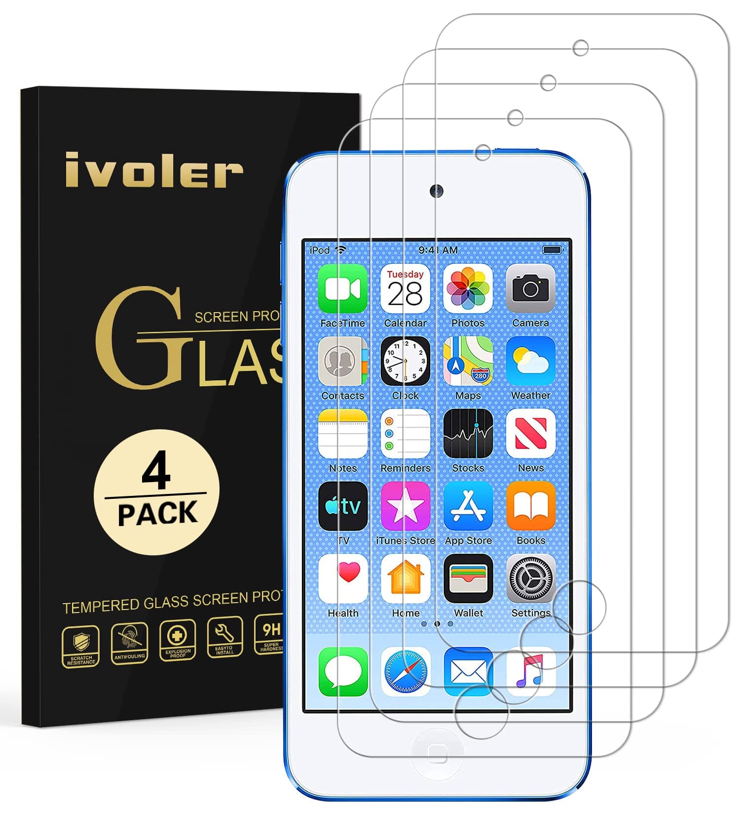 [4 Pack] iVoler [Tempered Glass] Screen Protector Compatible iPod Touch 7G 2019 6G 5G (7th 6th 5th Generation), 0.2mm Ultra Thin 9H Hardness 2.5D Round Edge
