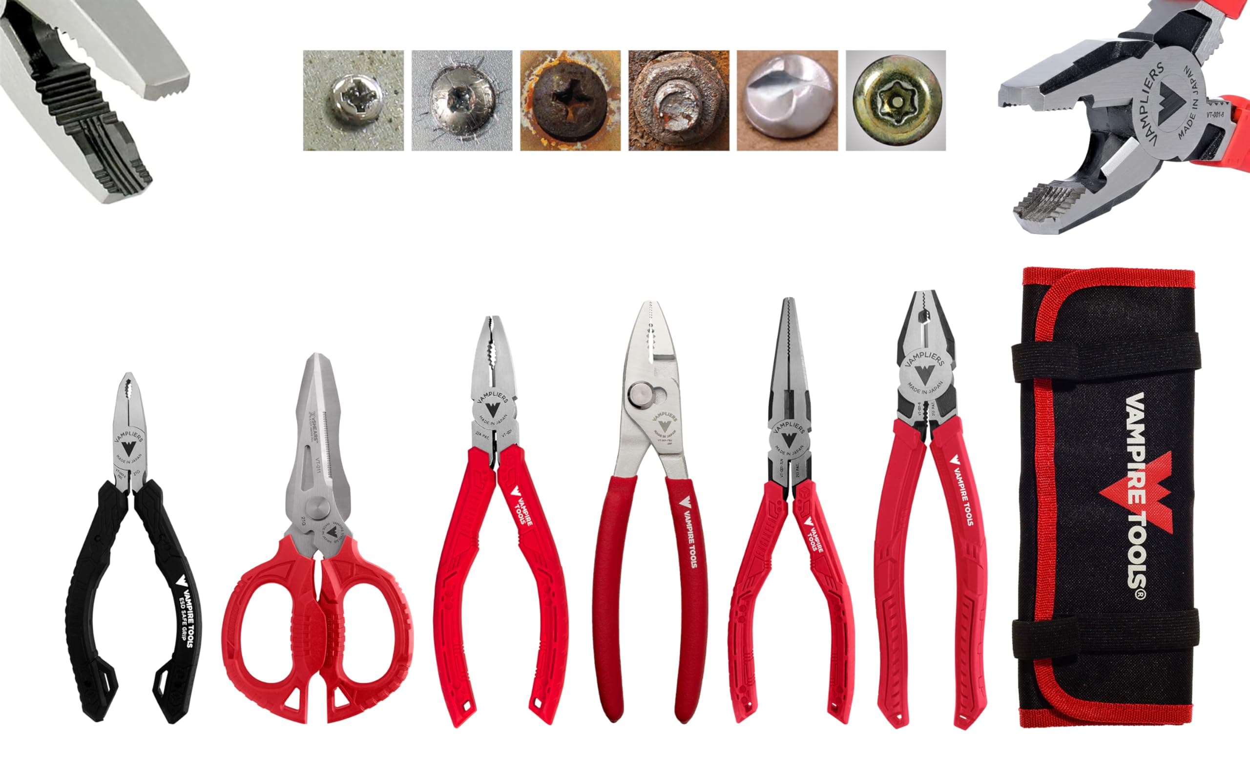 6-PC Screw Extractor Pliers & Scissors Tool Set. Made in Japan: 8" Linesman Pliers, 7.5" Long Nose, 7" Slip-Joint, 6.25", 5" Mini Plier, Utility Shears + Tool Pouch.