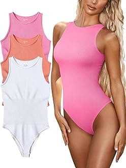 Women’s Sexy Ribbed Bodysuit Tops - 3 Piece Sleeveless Halter Neck Bodysuits with Tummy Control (Color : Phosphor Coral-orange White, Size : M)