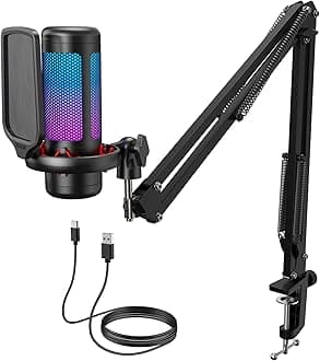 TONOR Vocal Condenser Microphone Set with Boom Arm, Recording Equipment for PC with Stand, Controllable Brightness, Quick Mute, Volume Control, USB Mic for YouTube, Twitch, Streaming, TC310+