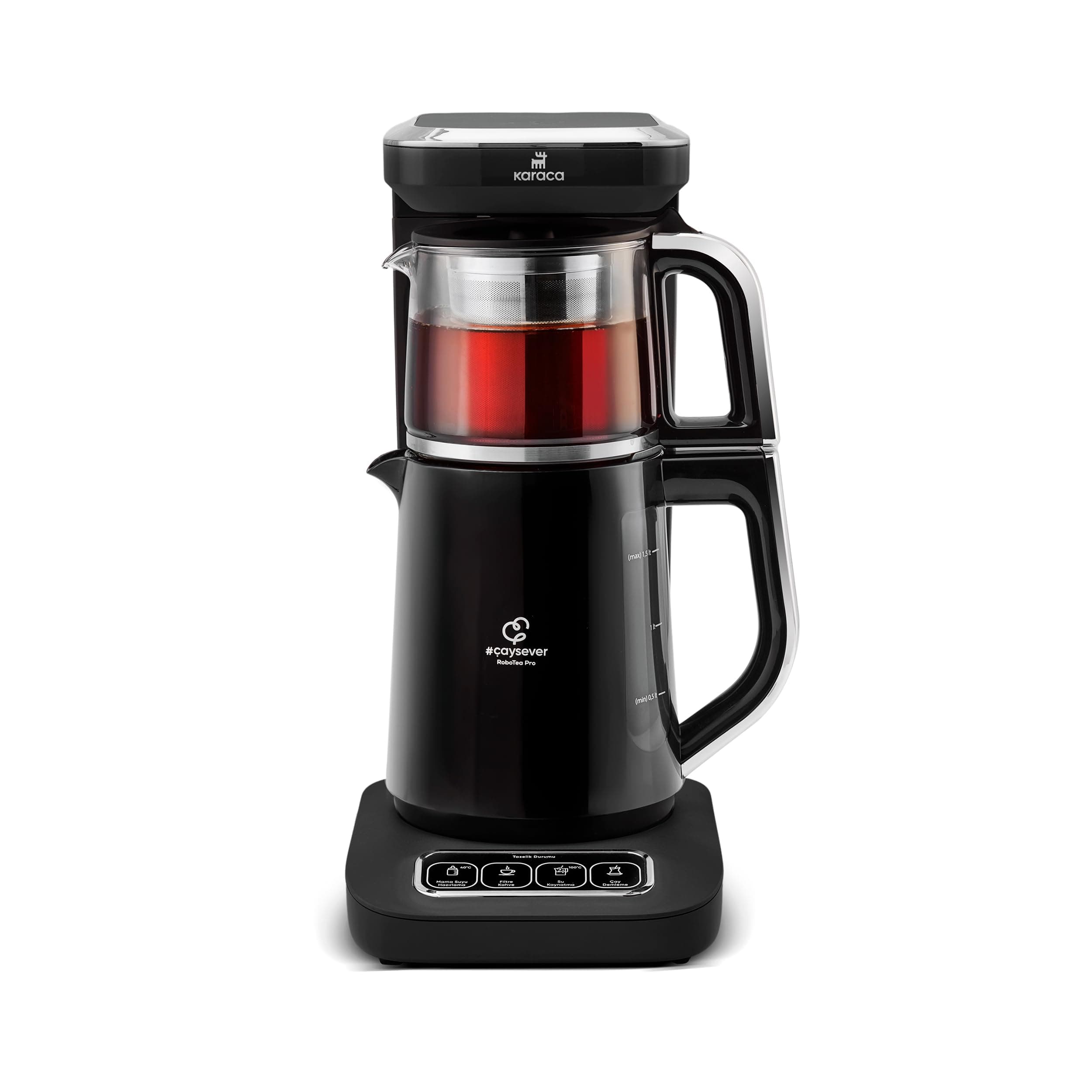 Caysever Robotea Pro 2.3L Tea Maker & Filter Coffee Machine, Smart Electric Kettle & Glass Teapot, Talking Automatic Turkish Teapot, 2500W, Black & Chrome