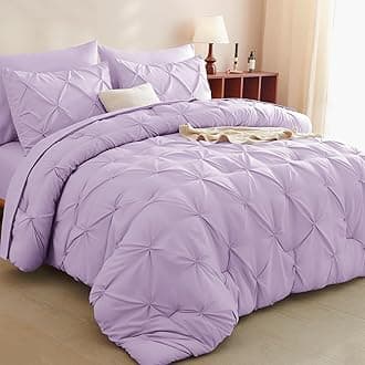 CozyLux Queen Comforter Set Lavender, 7 Pieces Pintuck Bed in A Bag, Premium Light Purple Comforter Queen Size, Pinch Pleat Bedding Sets with Comforter, Sheets, Pillowcases & Shams
