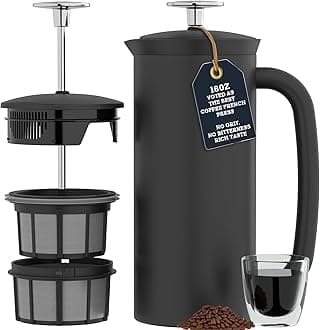 P7 French Press Stainless Steel 304 – Patented Double Walled Micro-Filter Insulated French Press Coffee Maker, Grit-Free Brew - Heat Resistant BPA Free - Matte Black (18oz)