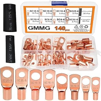 Ring Terminals Copper Wire Lugs Crimp Connectors 60 PCS Terminal Connectors 8 Types SC Tubular Cable lugs, with 80 PCS Heat Shrink(Gold)